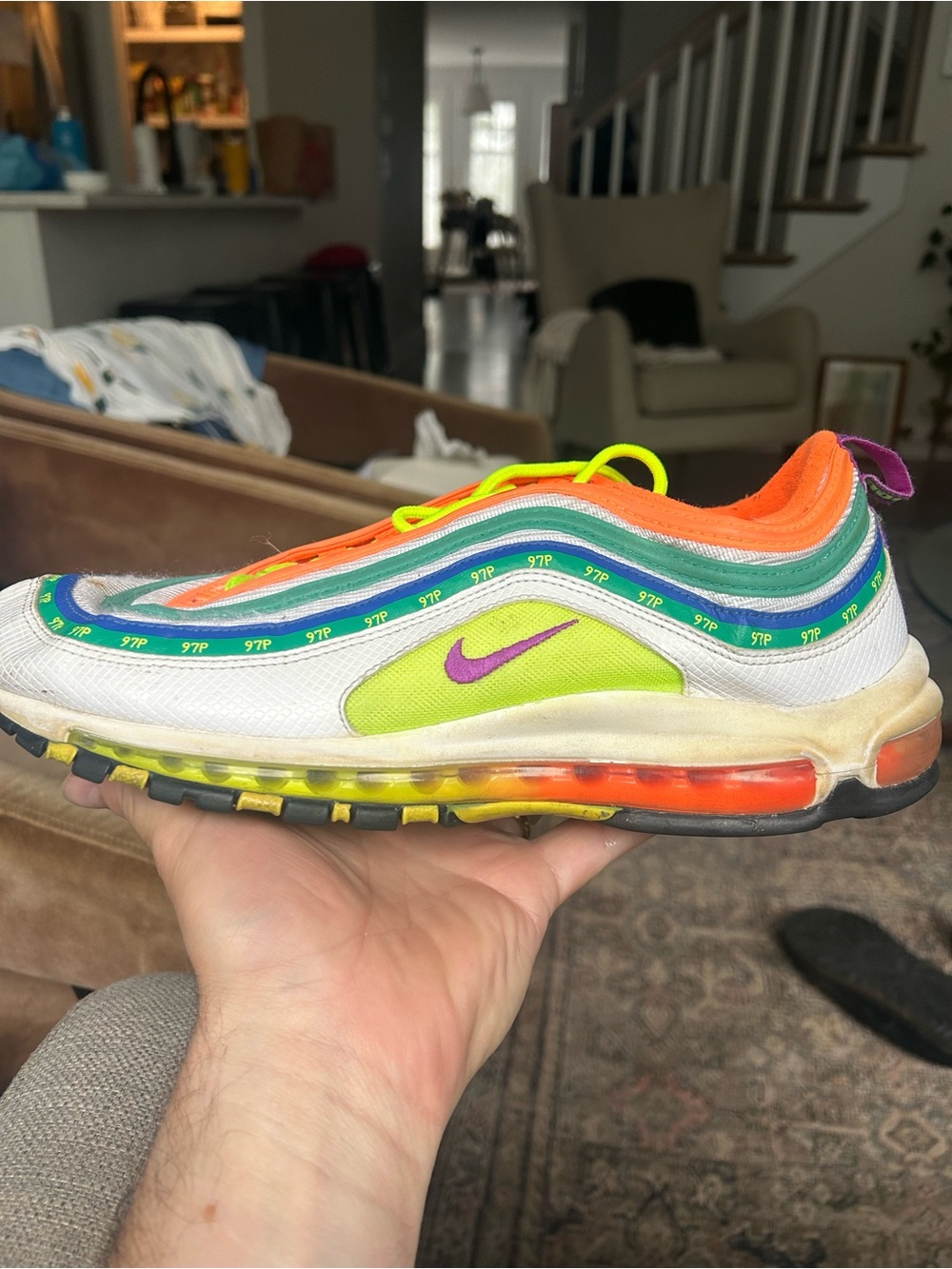 Nike AirMax 97 White Neon Orange Lime Purple Blue Sneakers